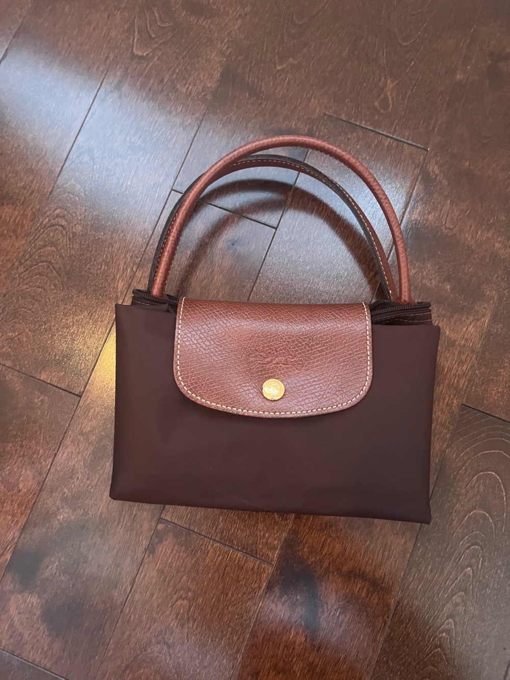 Longchamp Le Pliage Chocolate Brown Nylon Tote with Tan Leather Flap and Handles